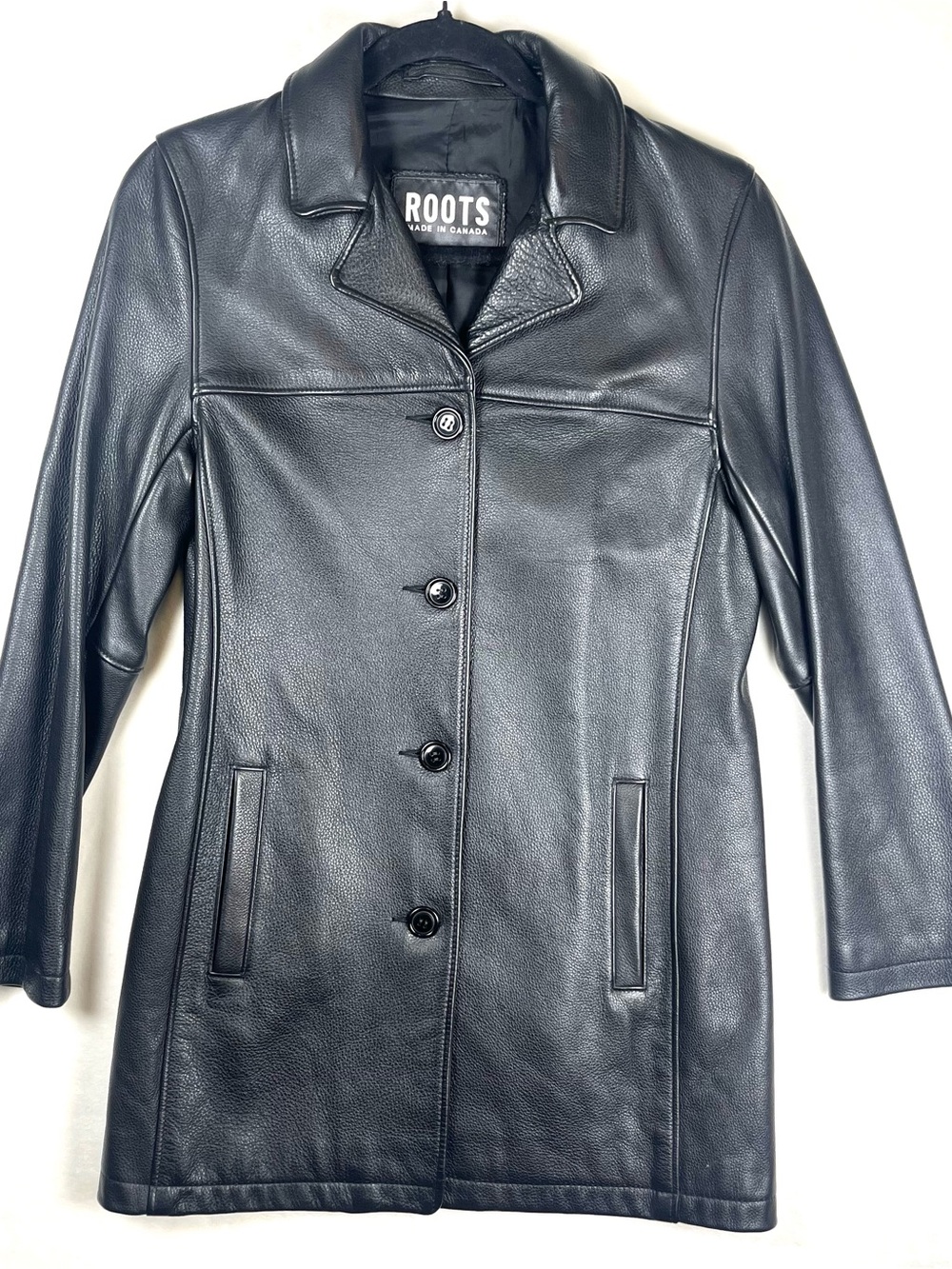 Roots Black Leather Button-Front Coat